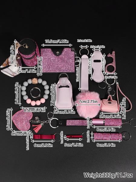 17 piece set shiny pink ladies rhinestone keychain suit wristband keychain with storage bag and pompom card bag accessories kit, keychain suit, key chain accessories, fashionable and strong material suitable for holiday, Keychain For Bags, Keychain Kawaii