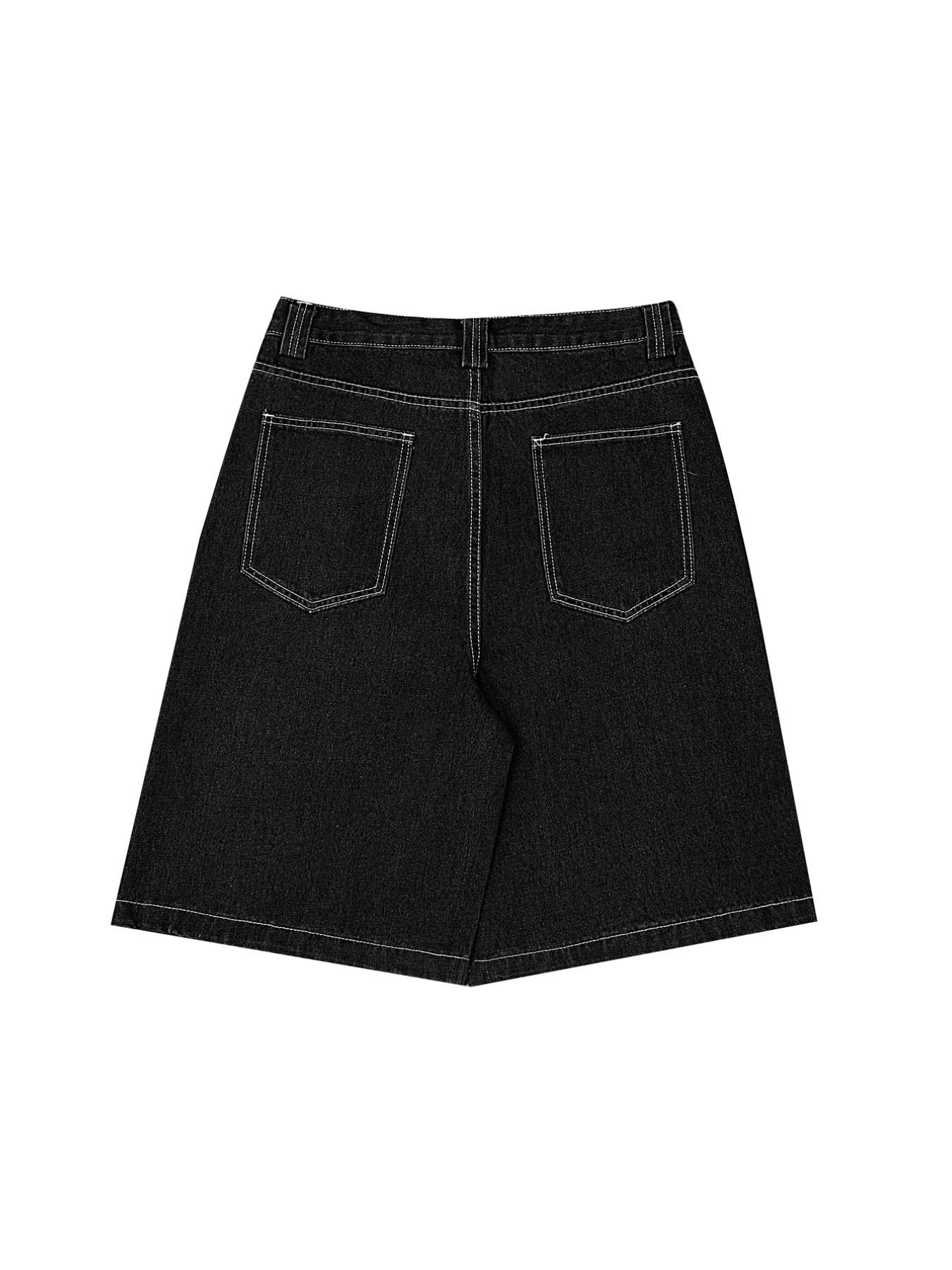 Men/women Loose Fit Wide Leg Denim Jean Bermuda Shorts, Street Style Hip-Hop Embroidered Floral Pants, Zipper Fly Pockets Design