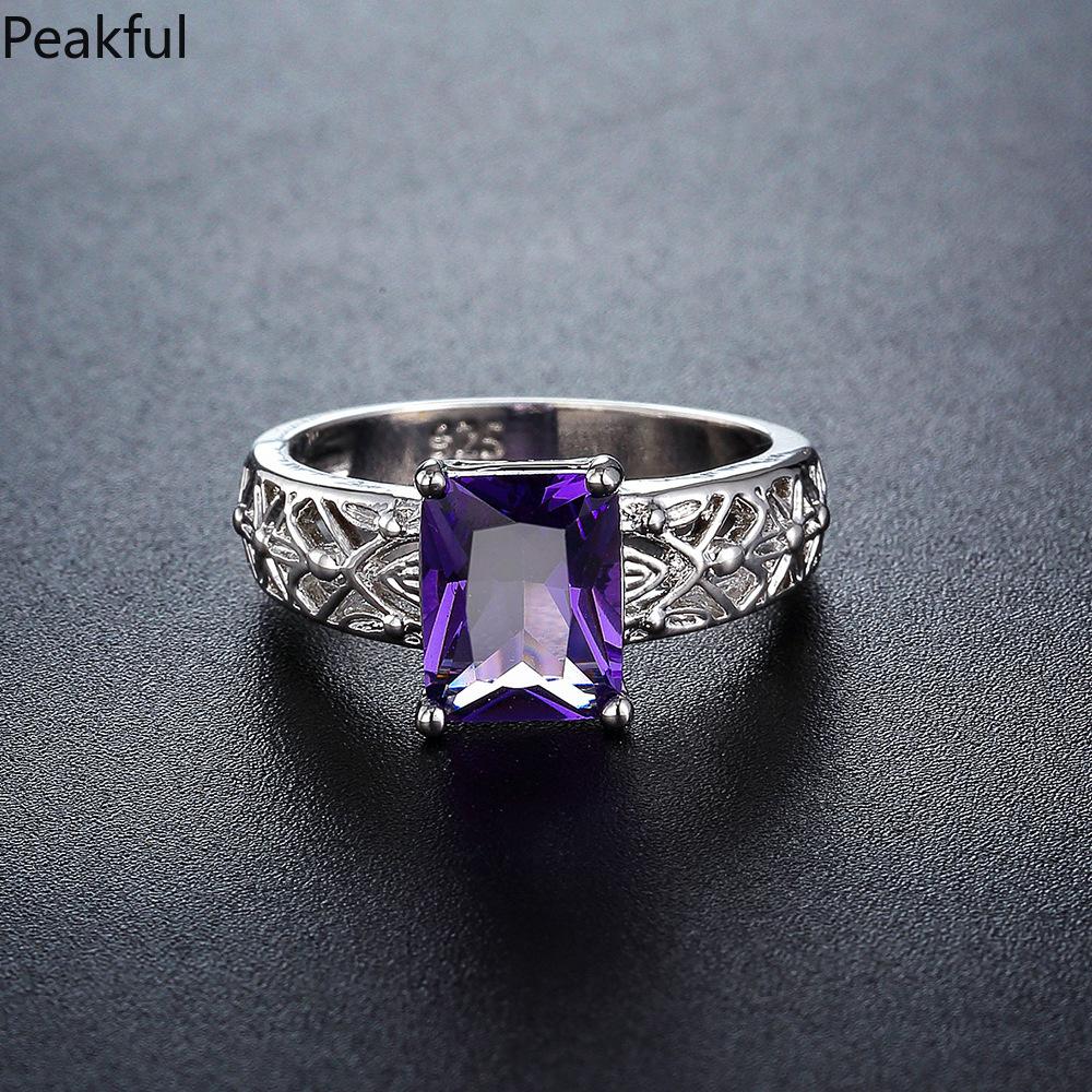Elegant Amethyst Solitaire Statement Ring, Silver Plated Purple CZ Promise Band for Women, Classic Teardrop & Emerald Cut Designs, comfortable lightweight fit, great for everyday glamour, parties, anniversary gifts and formal styling