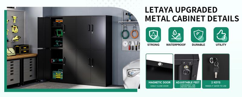 Metal Storage Cabinet with Lock, 71" Tall, 2 Adjustable Shelves, 4 Doors, Black Color, Ideal for Office, Garage, Home, and Pantry Use