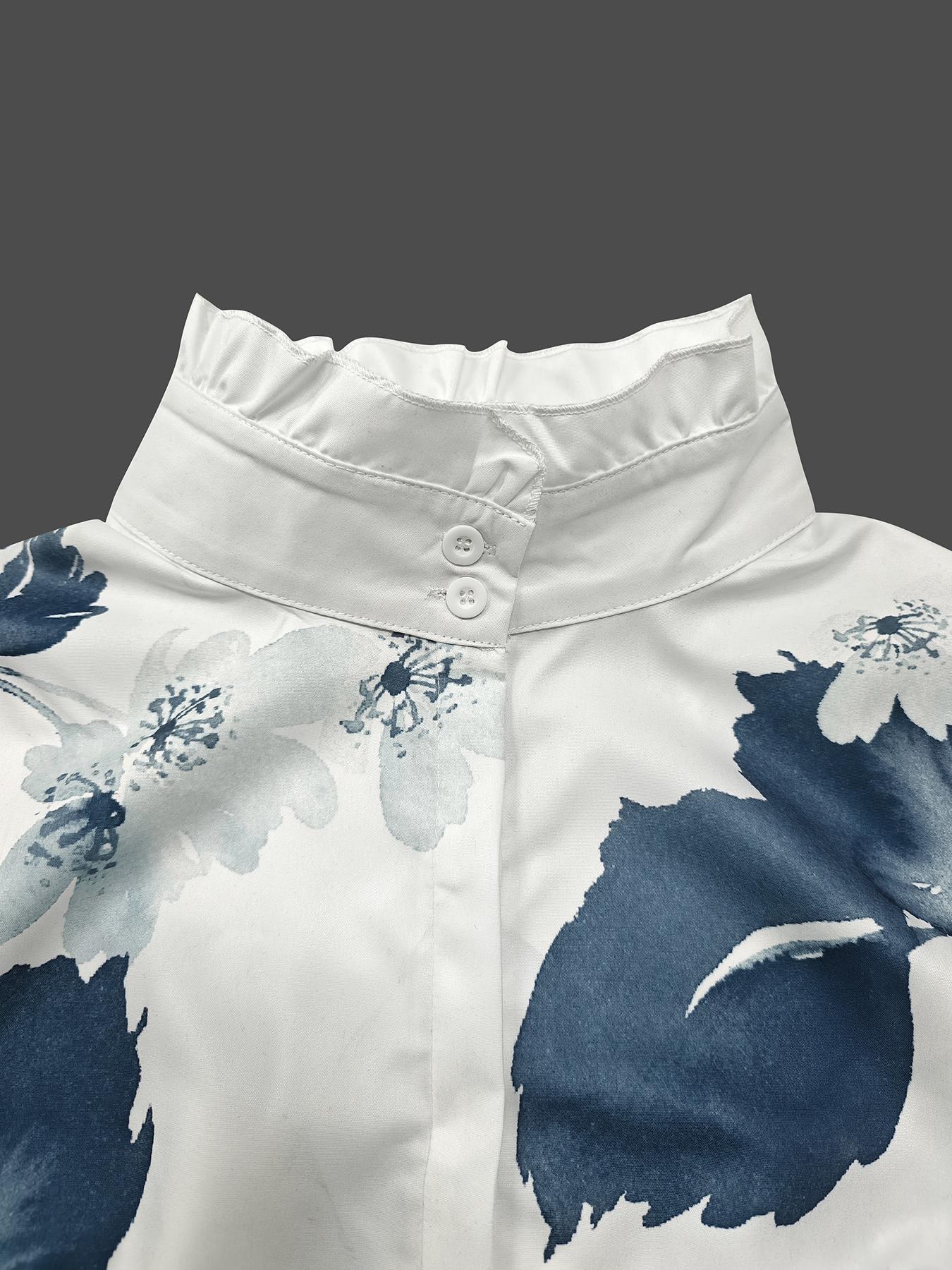 Women's Floral & Leaf Print Button Decor Shirts, Casual Elegant Bishop Sleeve Top for Daily Wear, Ladies Clothes for All Seasons, Button Up Blouse
