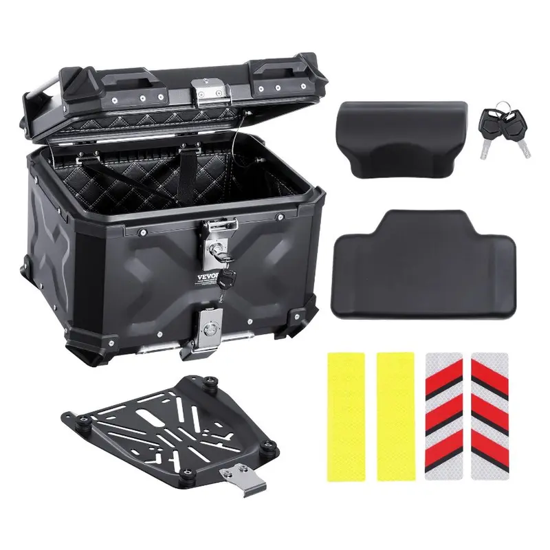 VEVOR Universal Fit Aluminum Alloy Motorcycle Top Case, 45L Waterproof Lockable Tail Storage Box with Leather Lining, Detachable Back Cushion, Compatible with 99% of Motorcycle Frames