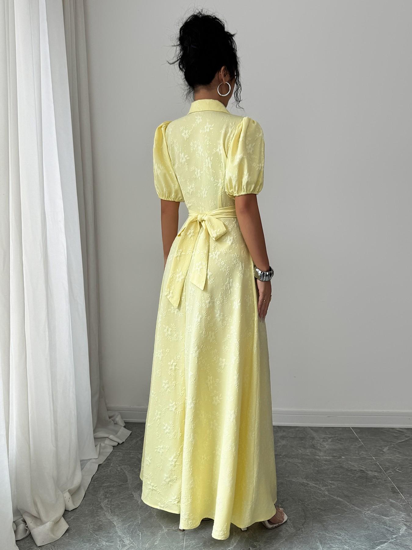 Elegant Pure Color Shirt Collar Bubble Sleeve Cross Tie Waist Fitted Dress, Soft Texture Women's Fashion Gown, Perfect for Casual & Formal Occasions