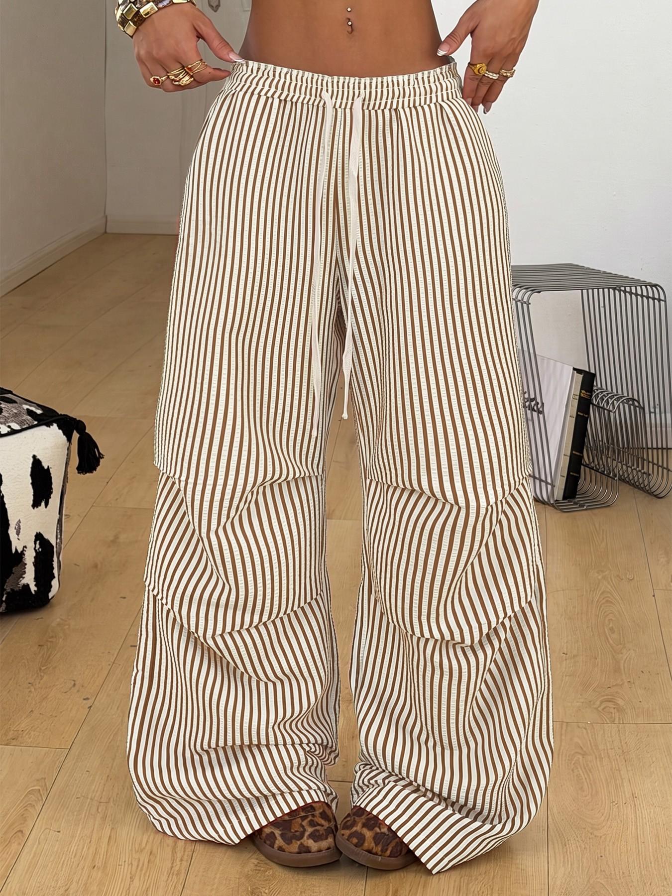Women's Striped Wide Leg Pants, High Waisted Drawstring Casual Trousers, Loose Fit Baggy Lounge Pants, Y2K Streetwear, Comfortable Everyday Wear