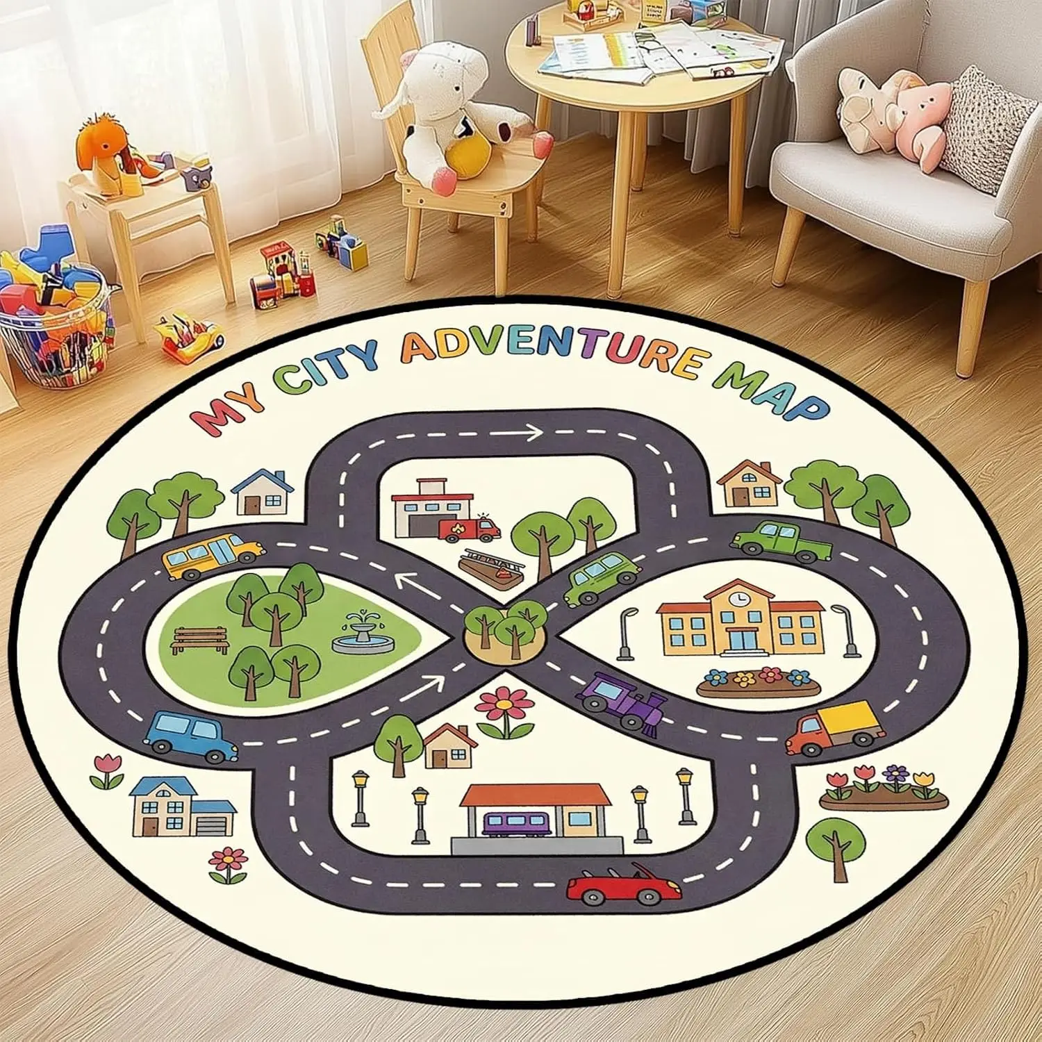 Round Flannel Rug Round Car Rug Play Mats for Kids,3ft,City Road Map Round Children's Rug for Boy's Bedroom Playroom Nursery Preschool Education Circle Rugs Low-Pile with Rubber Backing