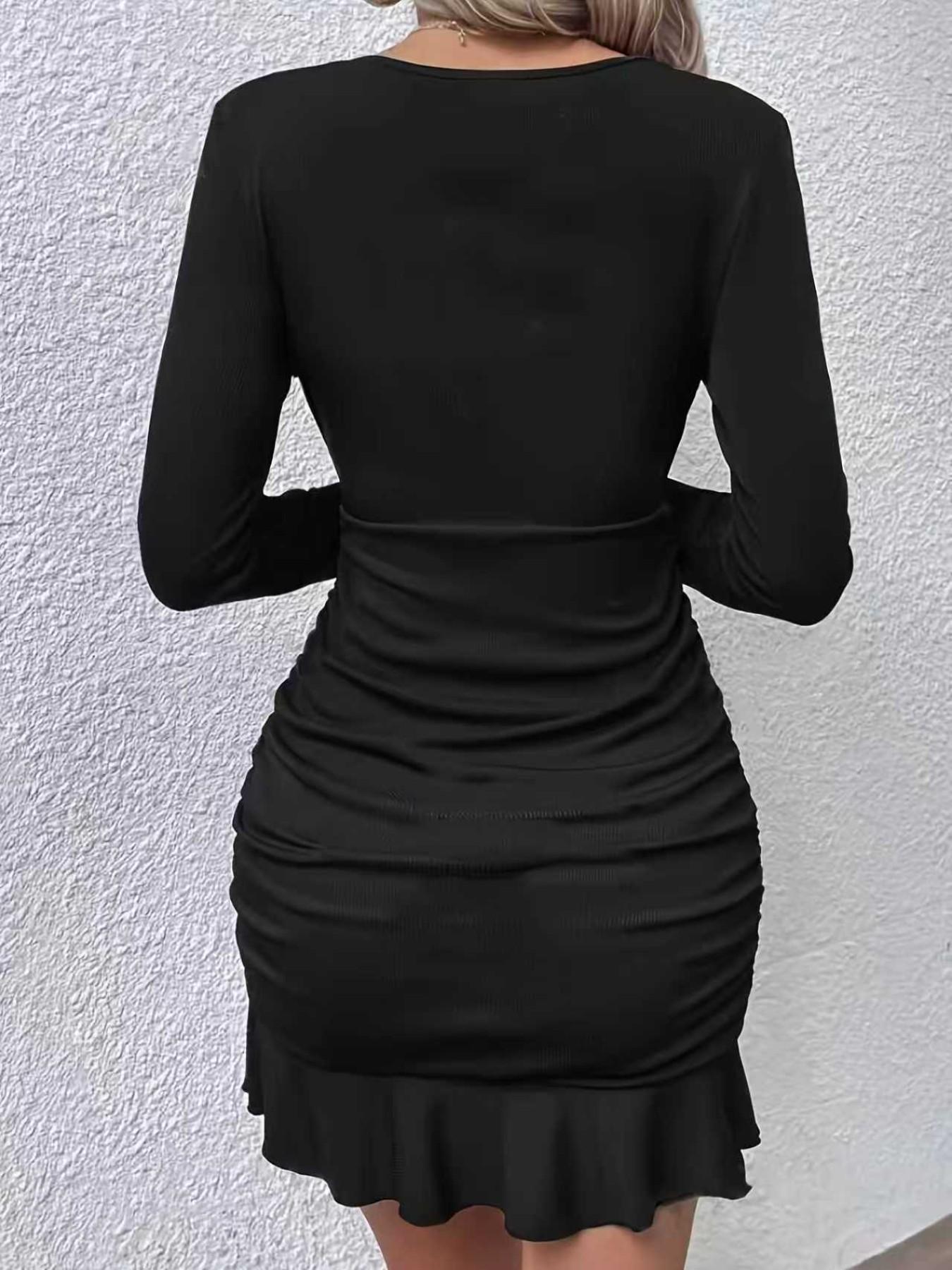 Women's V Neck Ruched Hem Long Sleeve Tight Fit Dress, Elegant Fashion Design, Perfect for Casual & Formal Occasions
