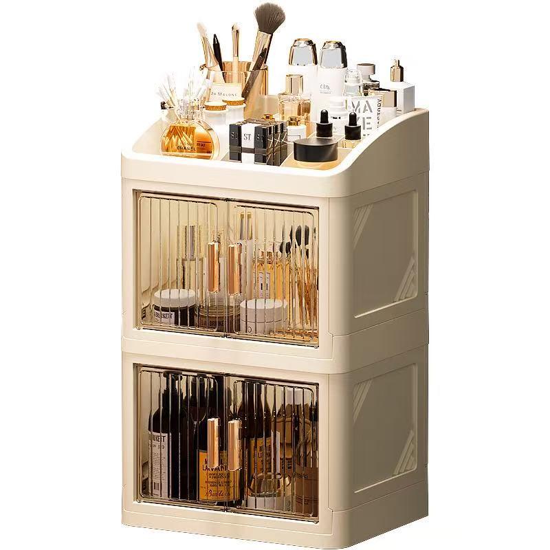 Transparent Foldable Cosmetic Storage Box, Multi-Layer Dual Door Desktop Dustproof Skincare Organizer, Desk Makeup Container, Makeup Tool Organizer, Beauty Organizer, Organizing Tool, Storage Organizer, Dustproof Makeup Organiser