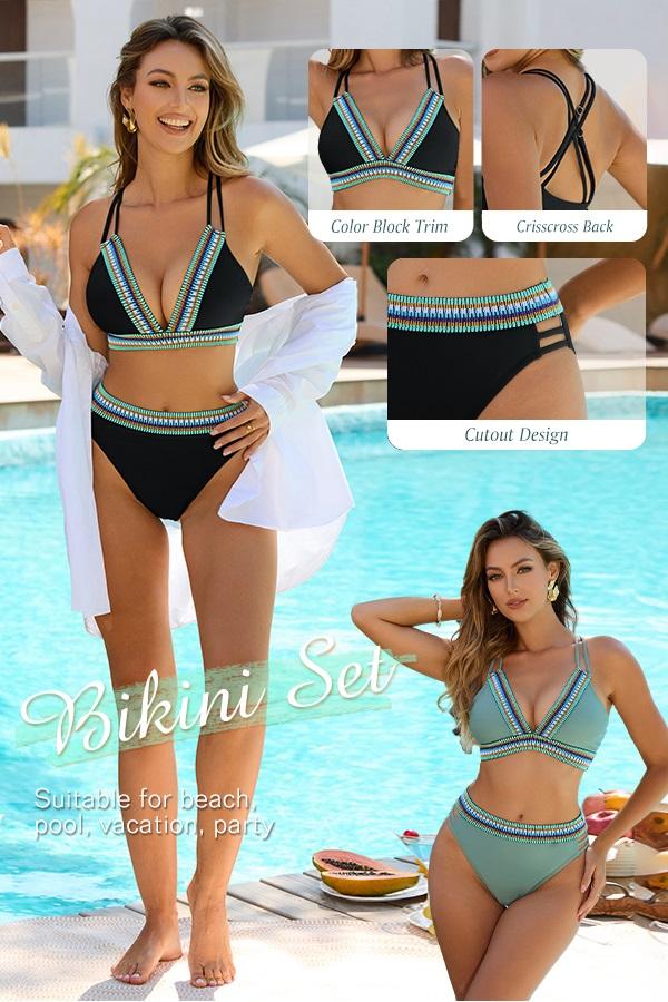 Blooming Jelly V Neck Crisscross Back Bathing Suit Womens High Waisted Color Block Two Piece Bikini Sets