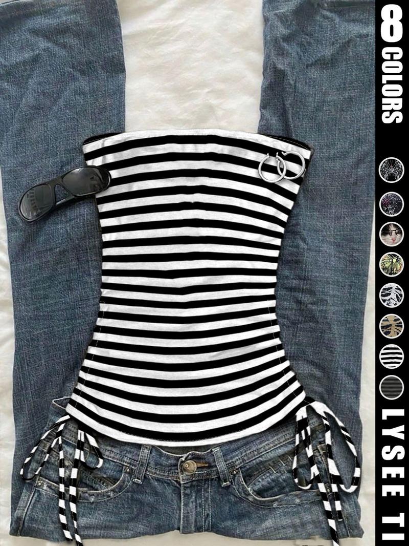 Casual vacation style striped printed fashionable women's drawstring side tie strapless vest