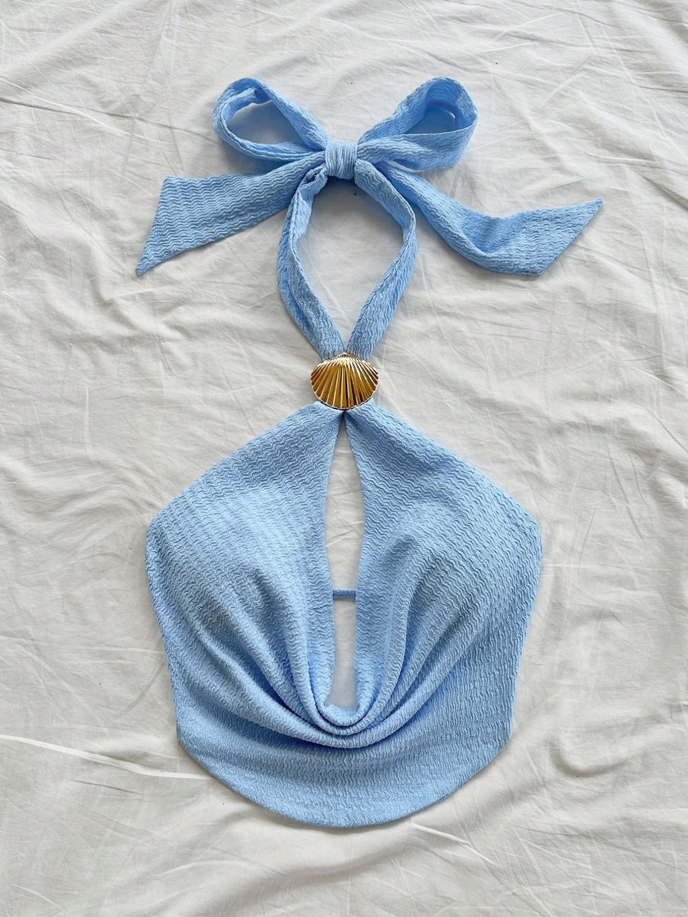 Women's Fresh Style Ruffled Halter Top, Shell Metal Buckle Accent Tie Design, Soft Breathable Fabric, Casual Fashion