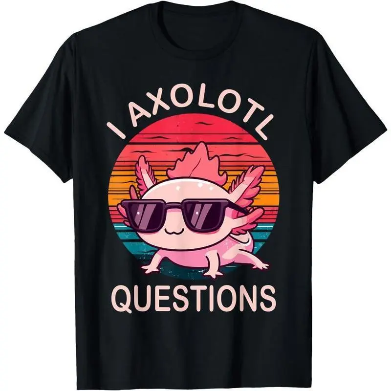 Men's Funny "I Axolotl Questions" Graphic T-Shirt - 100% Cotton Vintage Distressed Short-Sleeve Casual Streetwear Menswear Top, Tshirt, Shortsleeve