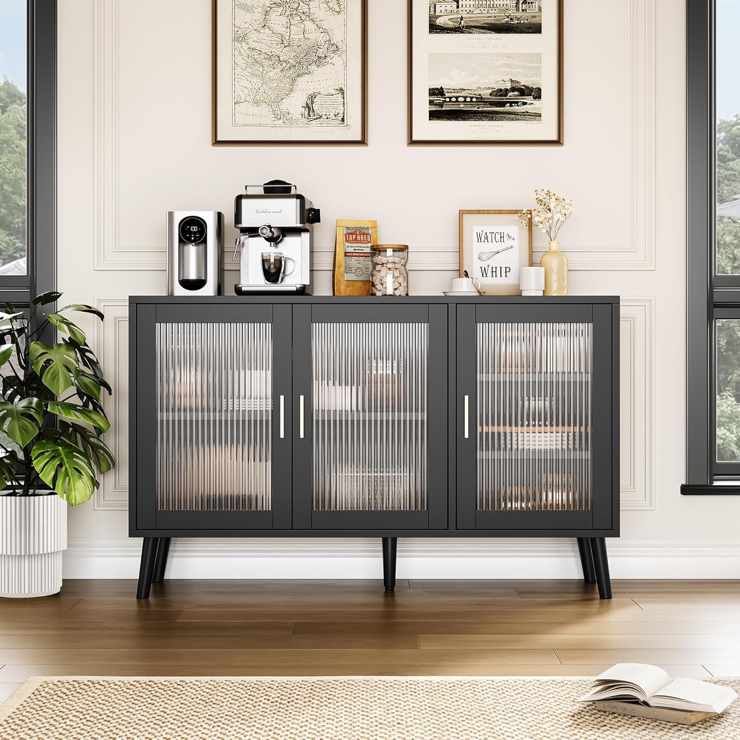 48" Buffet Cabinet with Storage, Large Sideboard Cabinet with 3 Fluted Glass Doors, Modern TV Consoles Stand Cabinet for Kitchen, Dinning Room, Hallway, Living Room