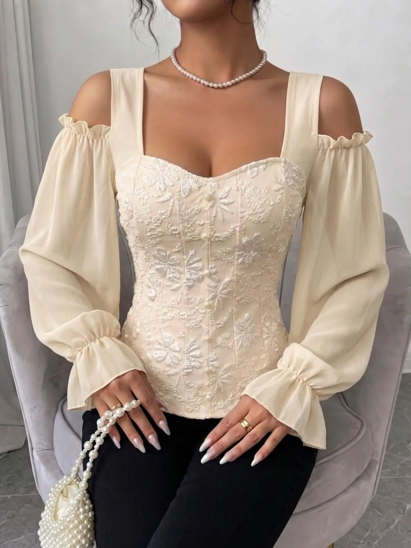 Women's Off-Shoulder Floral Embroidered Lantern Sleeve Blouse, Casual Versatile Top, Ideal for Daily Wear, Dates, Summer Vacations, Casual Everyday Tops