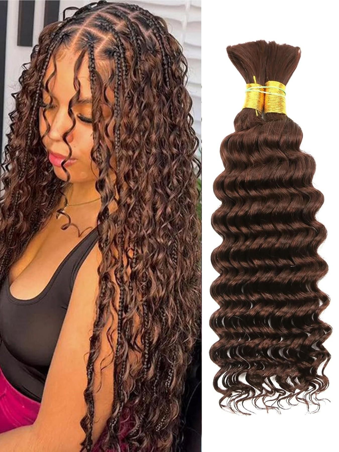 Chocolate Brown Human Braiding Hair Deep Wave Bulk, 4# Color 