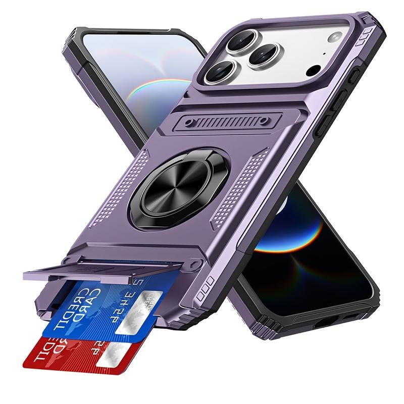 Heavy-Duty Shockproof Hard Case for iPhone 13 14 15 16 E 17 Pro Max Plus, Hidden Dual Card Slot Design with Rotating Metal Stand, Card Holder Protective Cover