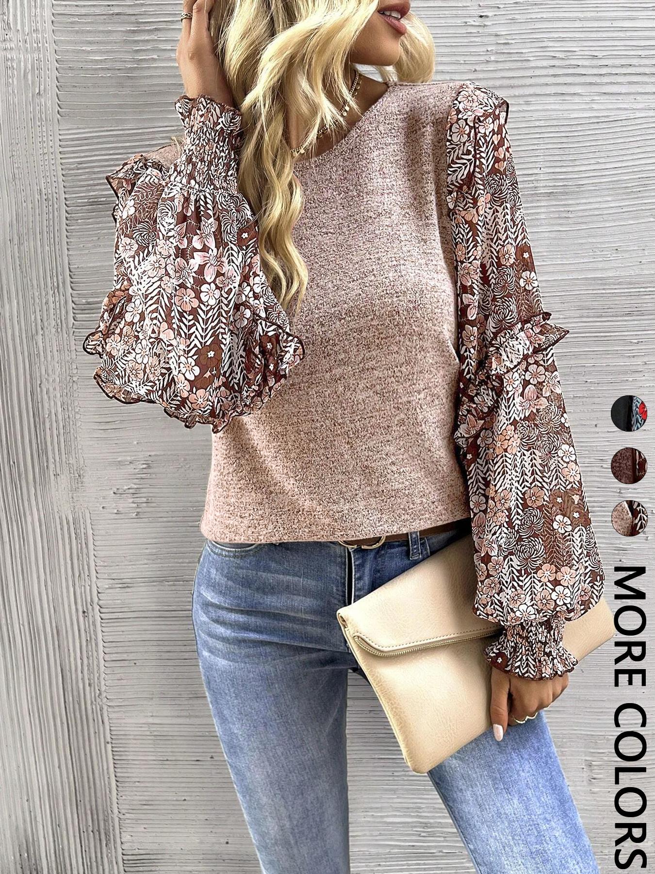 Women's Round Neck Lantern Sleeve Floral Print Patchwork Casual Cute Fitted Fall T-Shirt, Long Sleeve Top for Autumn Fashion