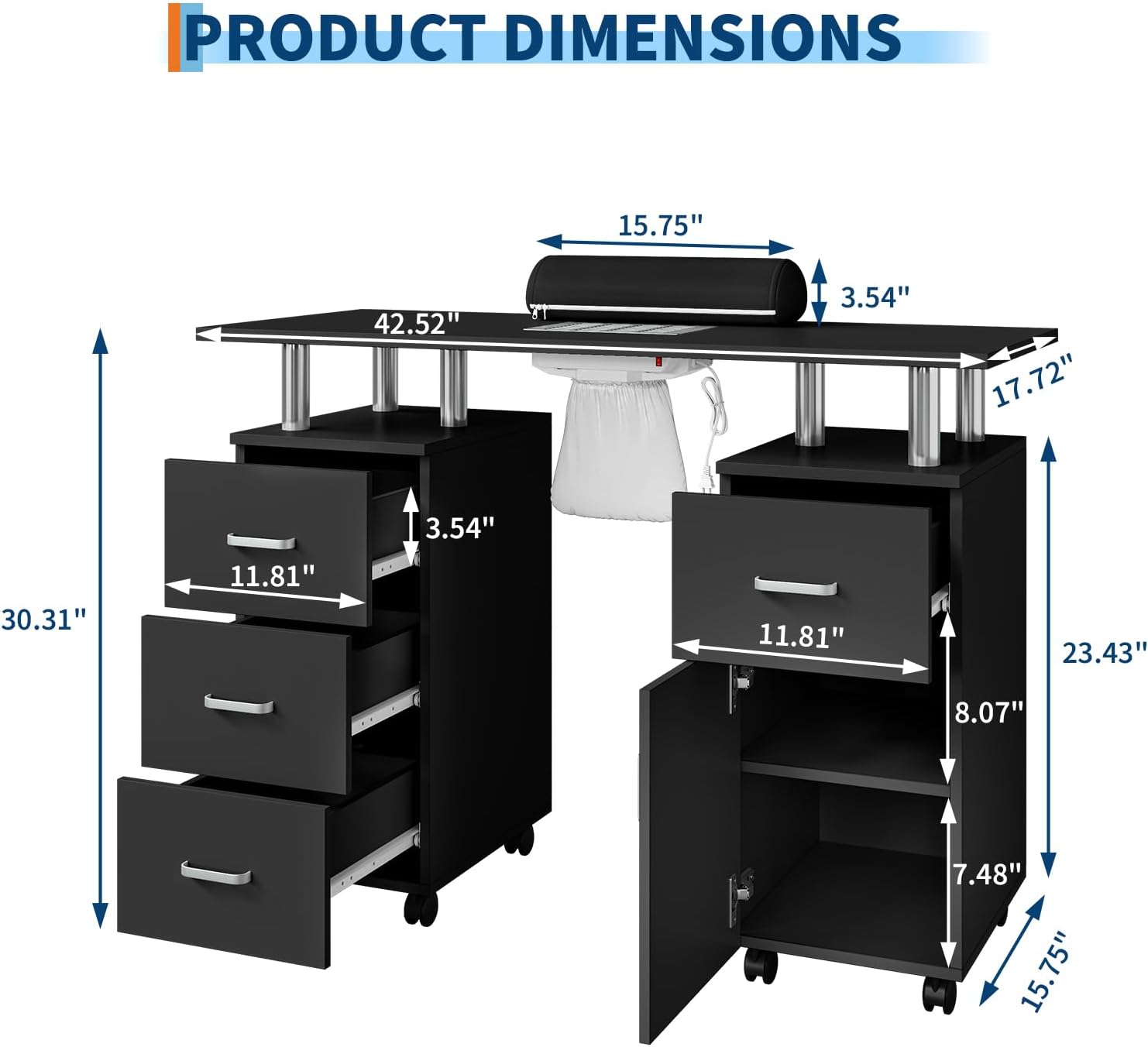 Professional Nail Desk with Electric Dust Collector, Nail Tech Table for Salon & Home Use, 4 Drawers Storage Cabinet, Lockable Wheels & Arm Rest