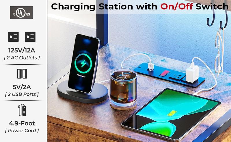 Sikaic LED Nightstand With Charging Station 2 USB Ports And 2 AC Outlets And 3 Drawers Open Storage