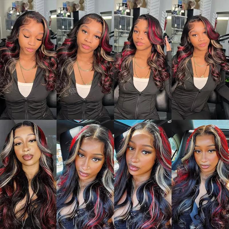 180 Density 13x4 HD body Wave Human Hair Wigs Highlights Red with Blonde Stripe Lace Frontal Wig Pre Plucked 32inch Lace Front Remy Hair Wig