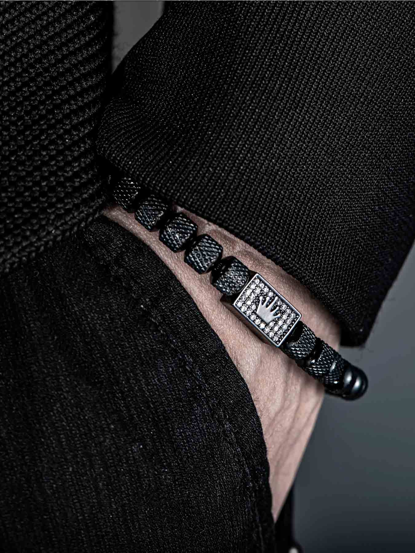 Vintage Stainless Steel Beaded Zircon Crown Handwoven Bracelet, Casual Versatile Men's Trendy Party Adjustable Bracelet, Beaded Bracelets