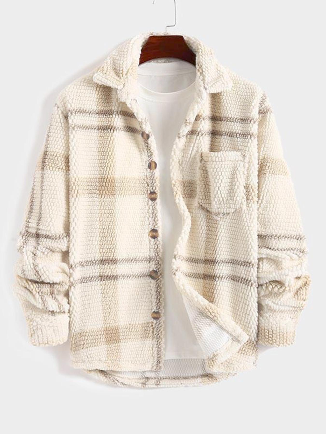 Men's Casual Classic Fall & Winter Coat Outerwear, Comfortable Knit Plaid Shirt Jacket with Buttons, Long Fitted Sleeves, Christmas Gift