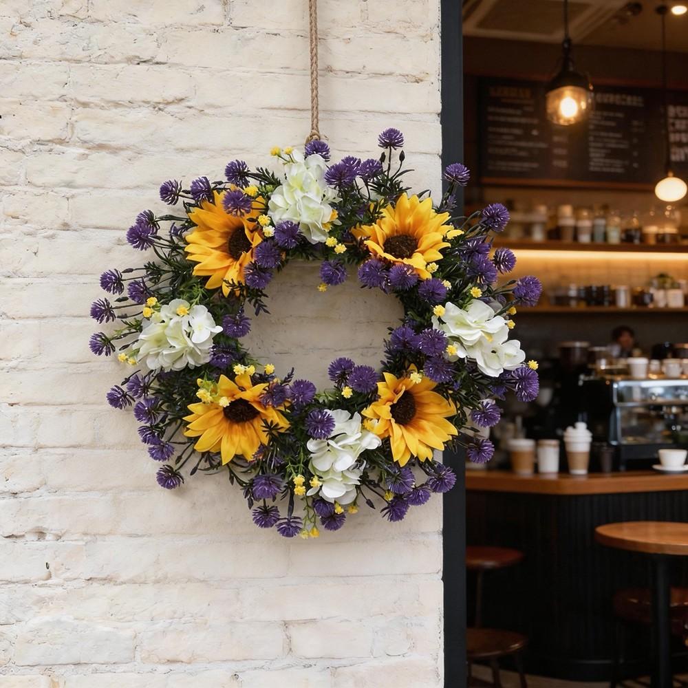 1pc purple yellow flower wreath, sunflower, hydrangea, dandelion simulation flower wreath, home decoration, home decoration, room decoration, bedroom decoration flower wreath, summer and autumn flower wreath, garden, door and window, staircase decor