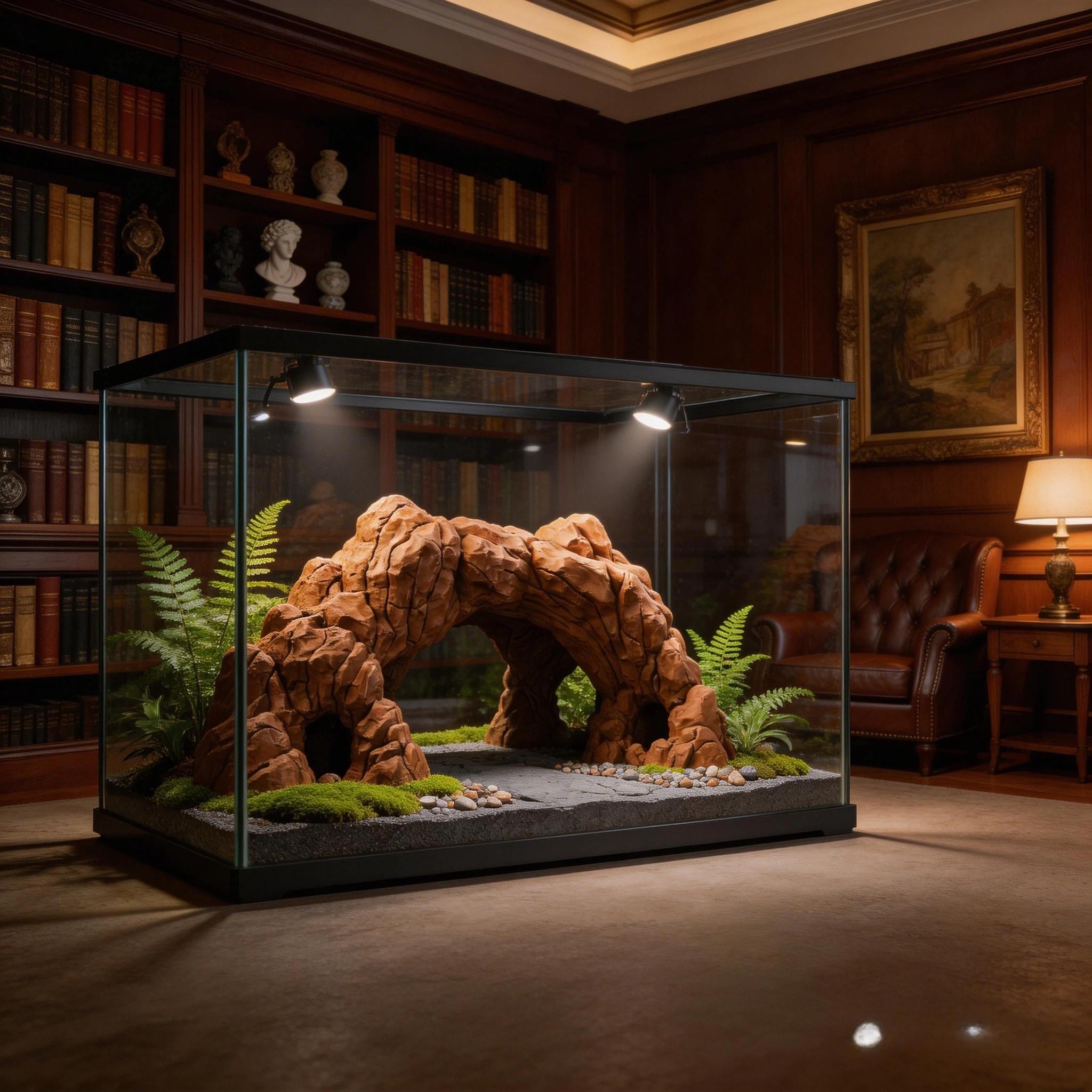 3D Printed Desert Cave Hideout for Reptiles, Frogs, Salamanders, Fish, Shrimp, Aquatic & Terrestrial Aquarium Decor, Sandstone Texture, Grass Top Design