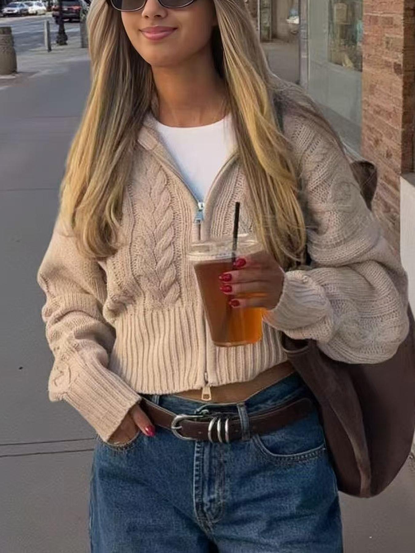 Women's Fall Winter Street Style Zipper Collar Cardigan, Fashion Casual Versatile Solid Color Sweater Coat, Ladies Outerwear