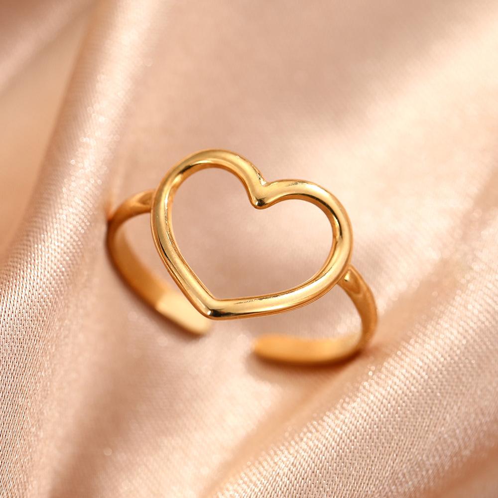 Fashionable stainless steel heart-shaped open ring, retro and popular geometric opening, adjustable titanium steel finger ring for ladies