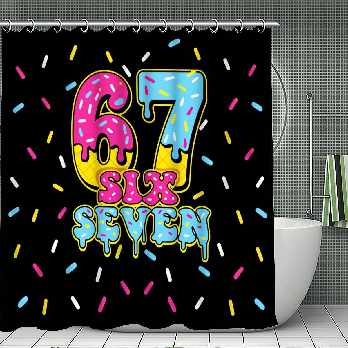 1/4PCS Six Seven Shower Curtain set, Graffiti Art Bathroom Decor, Bathroom Decoration Accessories, Accessories with Bath Mat, U-shaped Mat, Toilet Lid Cover, 12 Hooks 180x180cm Curtain, Urban Style, Home Decor, Urban Theme, bathroom accessories.