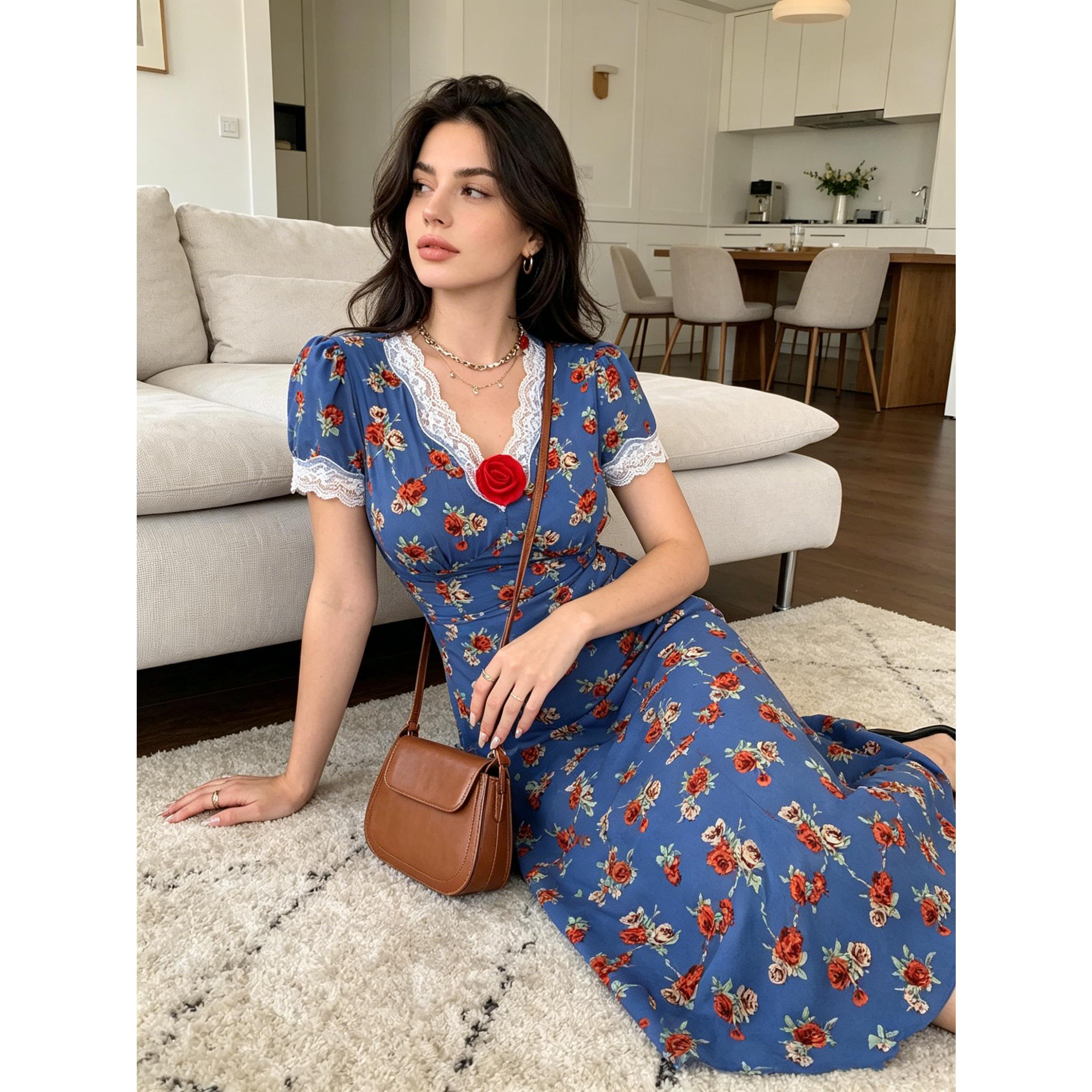 Vintage French Blue Floral Midi Dress Romantic Lace V-Neck Gown | S-XXL Inclusive Sizing | Perfect for Picnic, Date Night, Sunday Brunch & Tea Parties Vintage French Blue Floral Midi Dress Romantic Lace V-Neck Gown | S-XXL Inclusive Sizing | Perfect for Picnic, Date Night, Sunday Brunch & Tea Parties