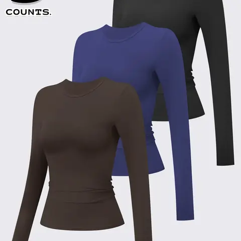 3 pcs Women's Compression Training Long Sleeve Shirts, Fitted Round Neck Yoga Tops, Moisture-Wicking Sportswear, Athletic Apparel, Athletic Wear, Fitness Training Wear, Activewear Athletic, Fitness Clothes for All Seasons, Athletic Clothing