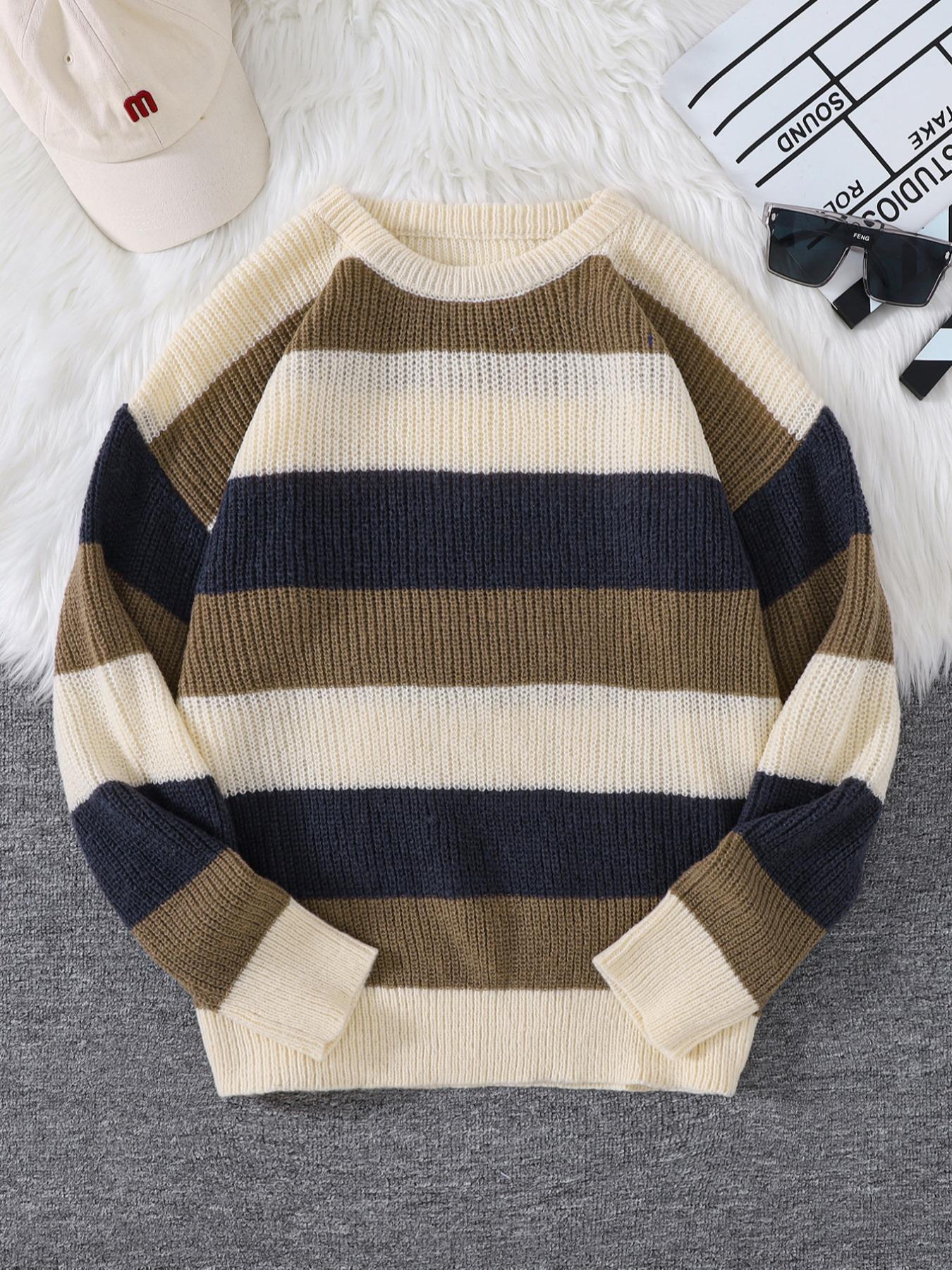 Men's Striped Print Round Neck Knitted Sweater, Casual Regular Fit Long Sleeve Jumper for Fall & Winter, Men's Knit Pullover for Daily Wear, Going Out Outfit