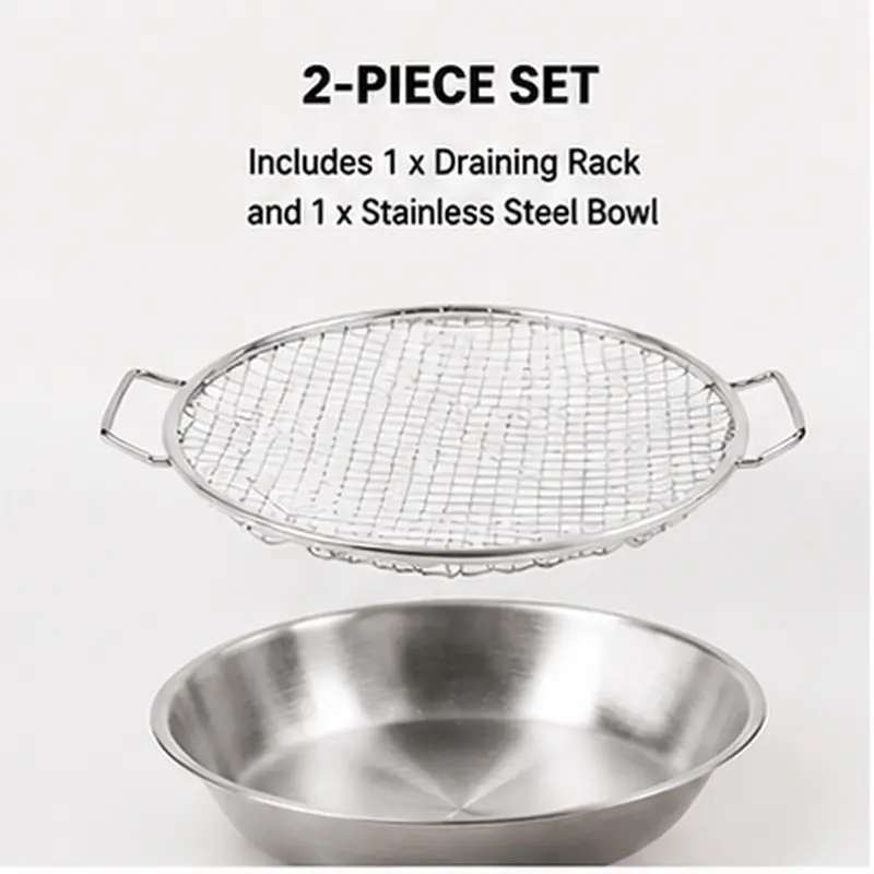 Stainless steel grease collection basket set, 2-piece cooking filter rack, butter filter plate, suitable for frying chicken, french fries, vegetables and kitchen draining baskets for cooking