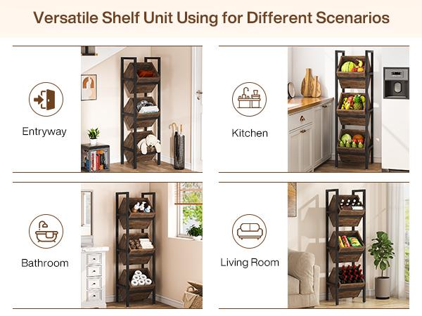 LITTLE TREE 3-Tier Basket Stand, Wooden Floor Stand Shelving Unit, Rustic Standing Organizer Storage Rack for Kitchen, Bathroom, Living Room