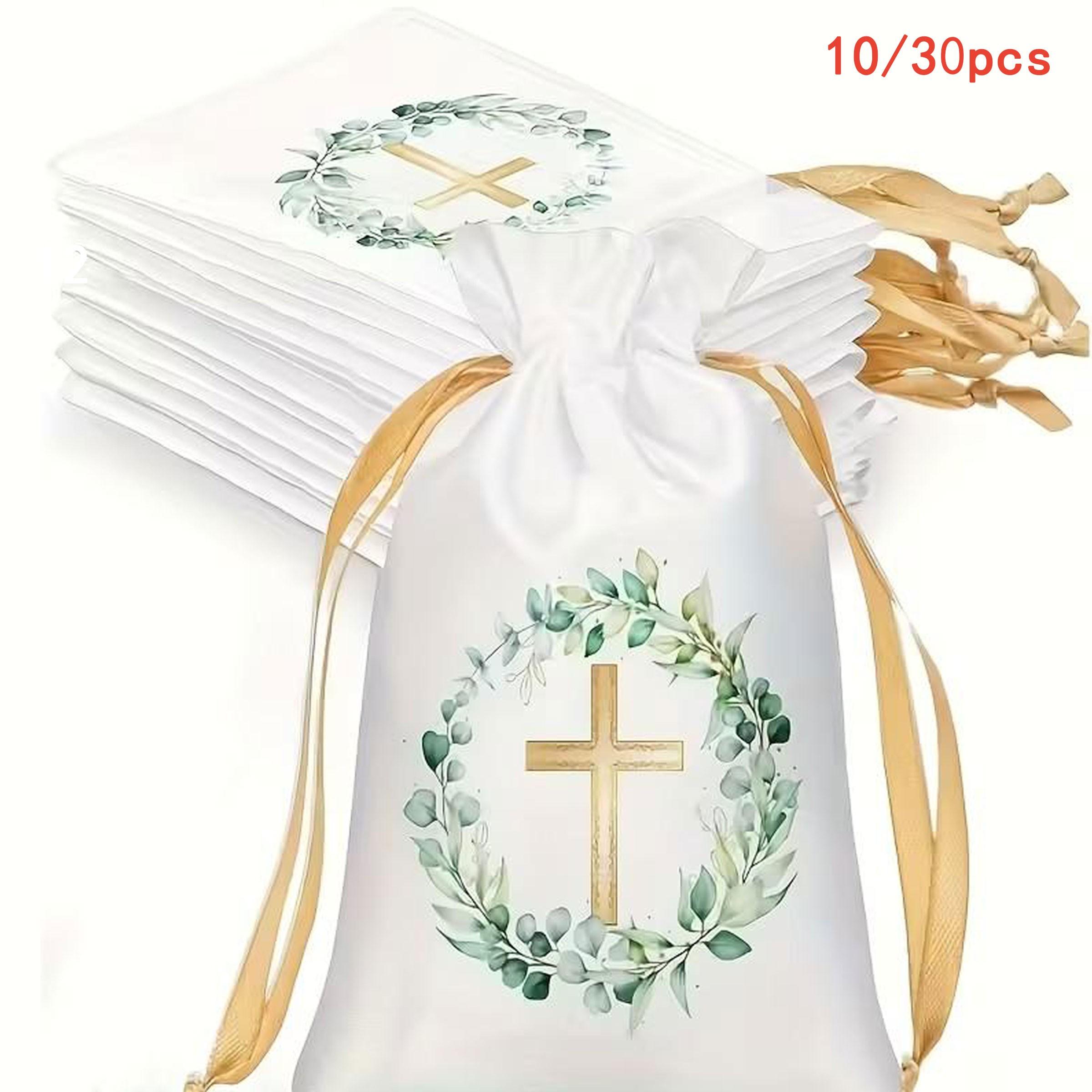 10/30 Religious Baptism and Communion Gift Bags with Drawstring Closure, Gold Wreath and Cross Design, Party Goody Bags, Suitable for Jewelry, Baptism, Communion, Weddings, Birthdays, Baptism Gifts, Party Favors, Gift Package