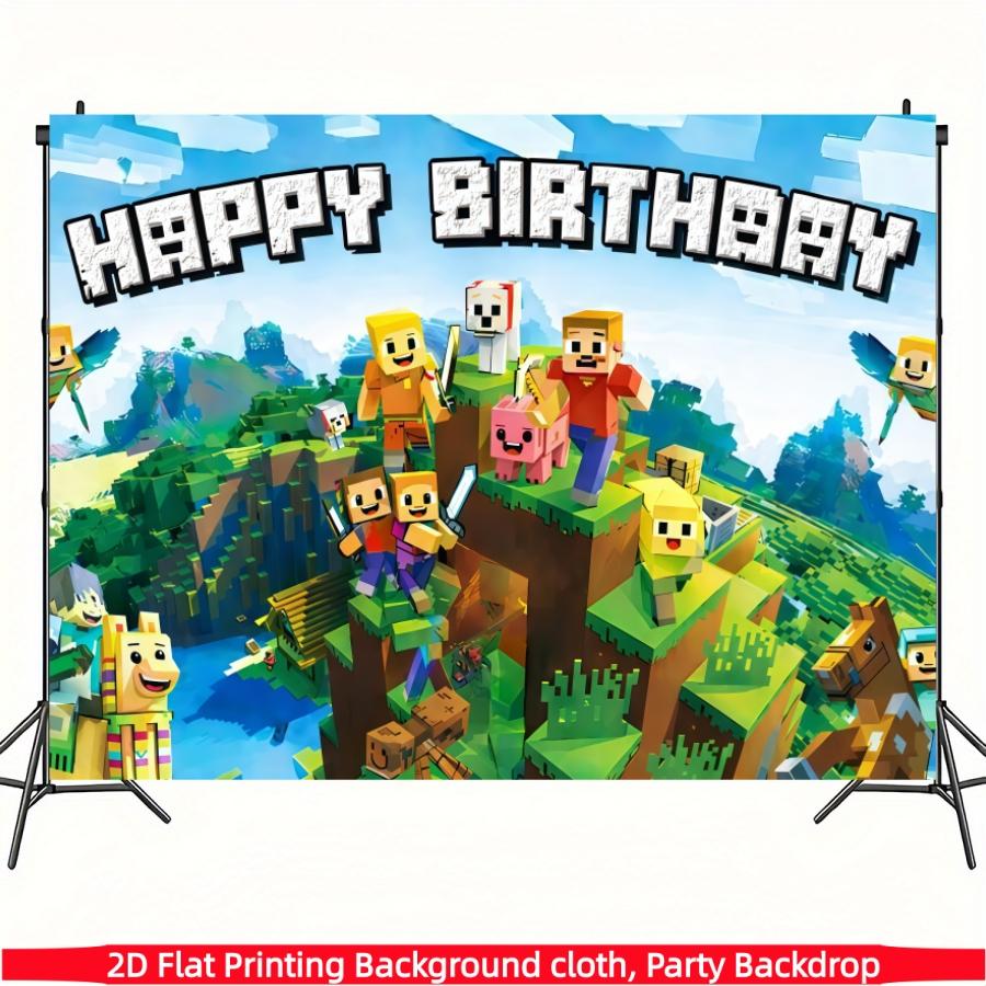 Pixel game birthday party background banner, happy birthday decoration, polyester material, suitable for birthday party decoration, stage and room decoration, home decoration, holiday party supplies, photo booth background, indoor/outdoor decoration