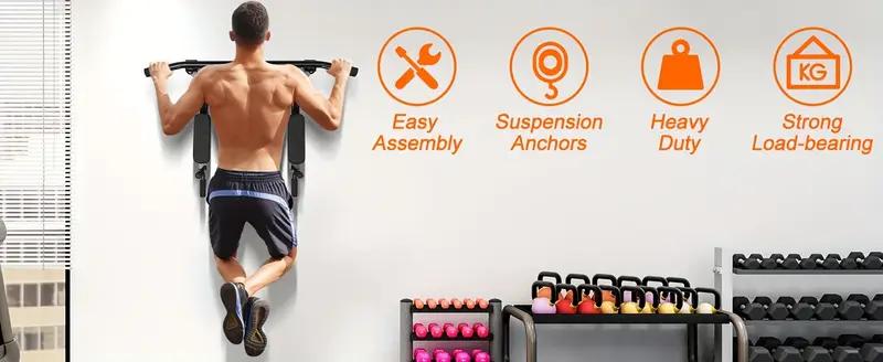 ROCKRAF 440Lbs Support Multifunctional Wall Mounted Pull Up Bar, Dip Station for Home Gym, Indoor Workout, Chin Up Bar