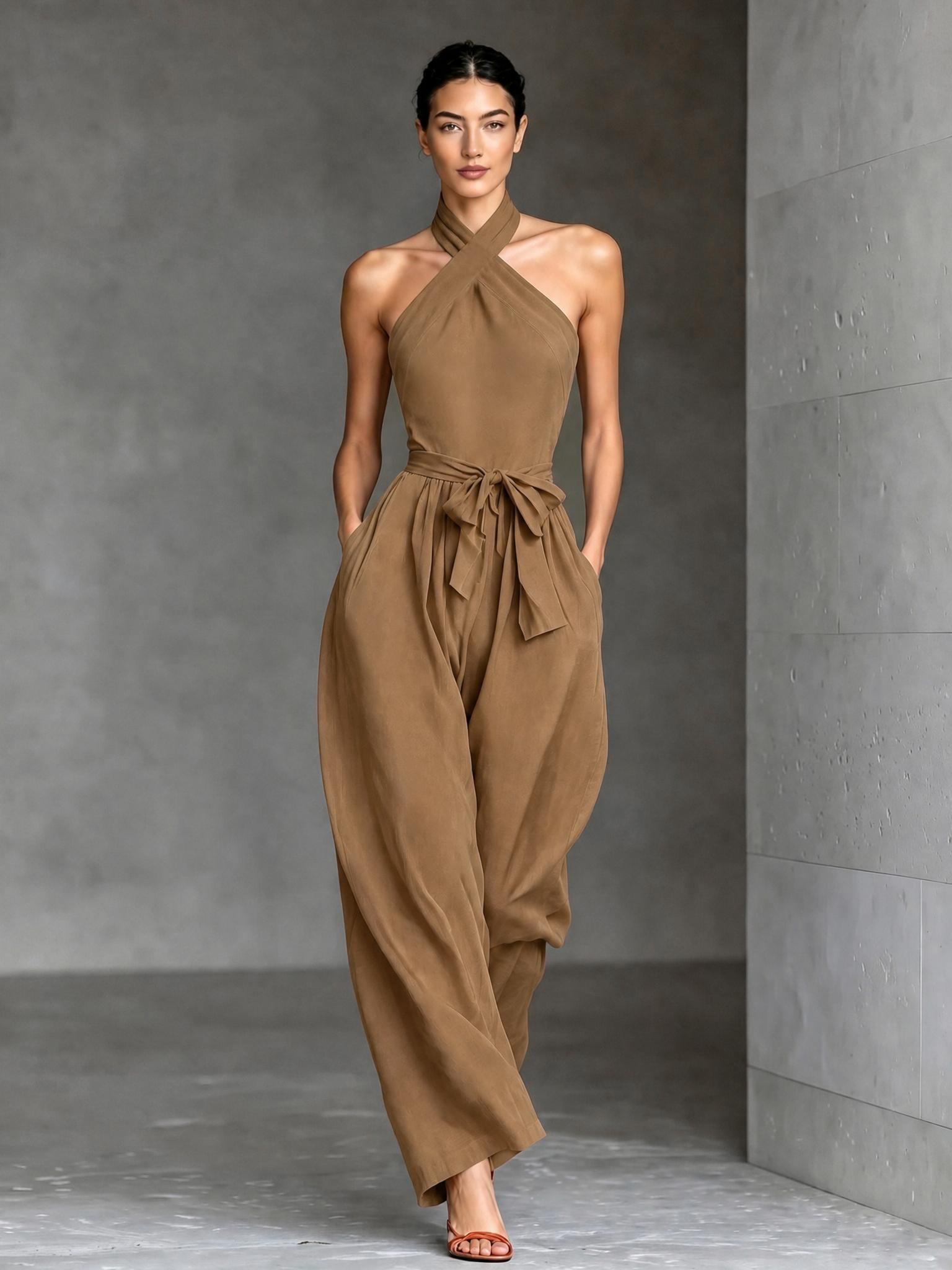 2026 Trendy Girl Wrap Halter Neck Jumpsuit, Adjustable Waist Wide Leg Pants with Pockets, Lightweight Breathable Earth Tone Sleepwear, Day Night Wear