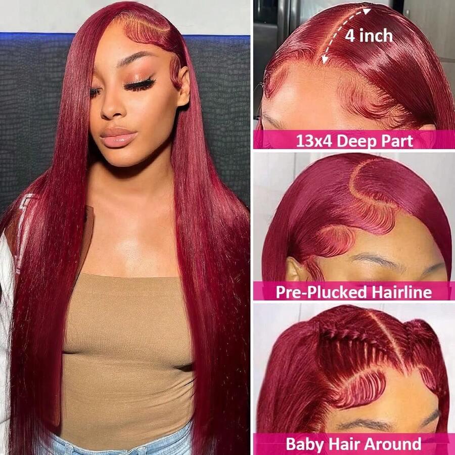 Burgundy Wig Human Hair 13x4 HD Transparent Lace Front Wig Straight 99J Red Wine Lace Frontal Wig Blended Hair Colored Reddish Brown Lace Frontal Wigs 200% Density Pre Plucked with Baby Hair