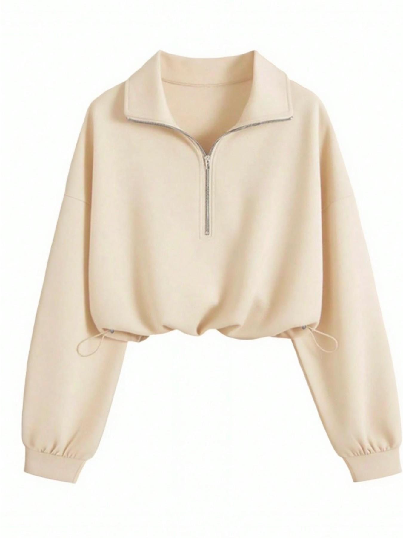 Women's Fashion Aesthetic Adjustable Drawstring Half-Zip Sweatshirt, Slim Fit Fitted Solid Color Basic Short Top, Casual Stylish Ladies' Pullover