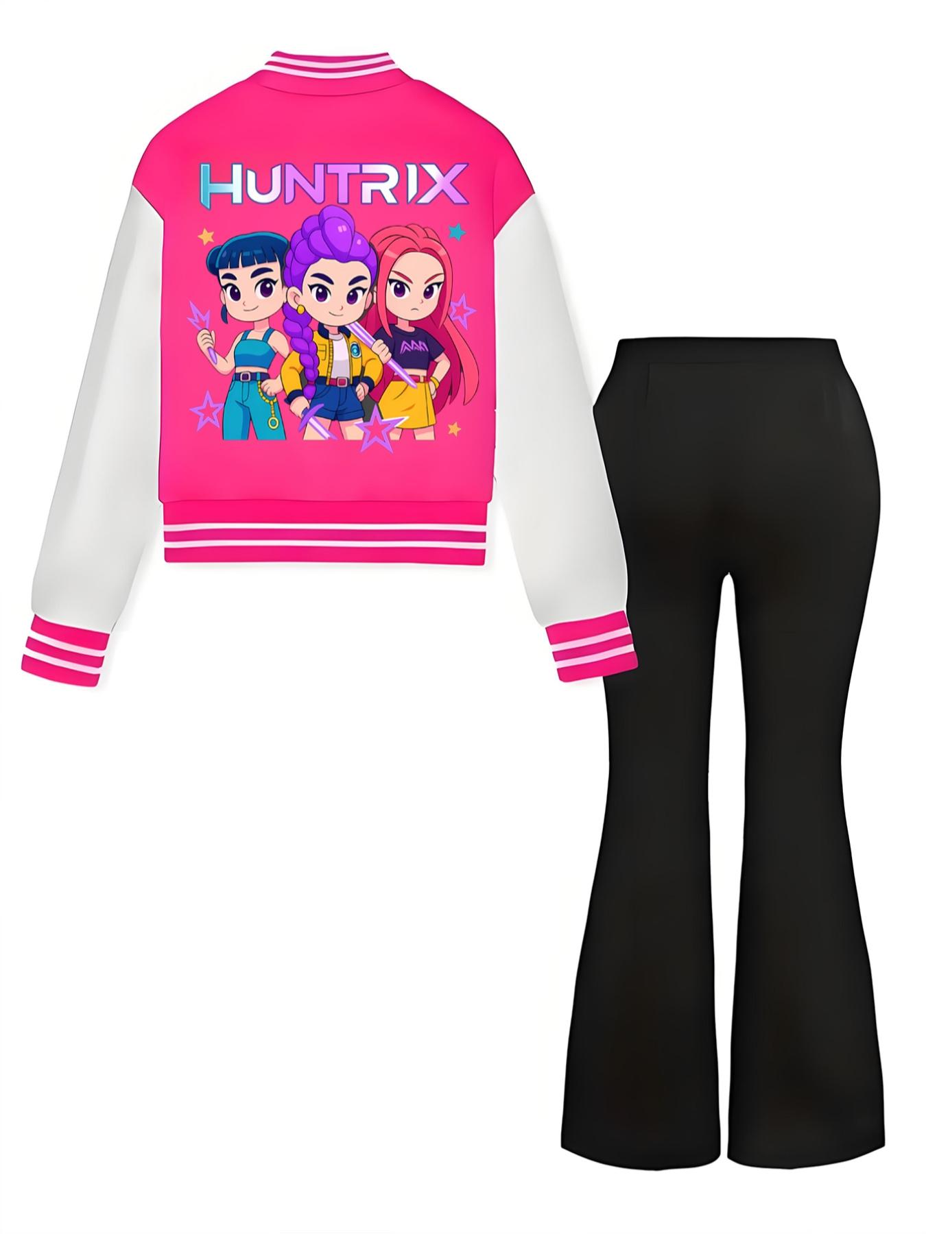 Girls' Anime Print Baseball Jacket & Elastic Waist Pants Set, Casual Spring & Fall, Youth Sports Wear, Outdoor & Indoor Activities, Sportswear Set