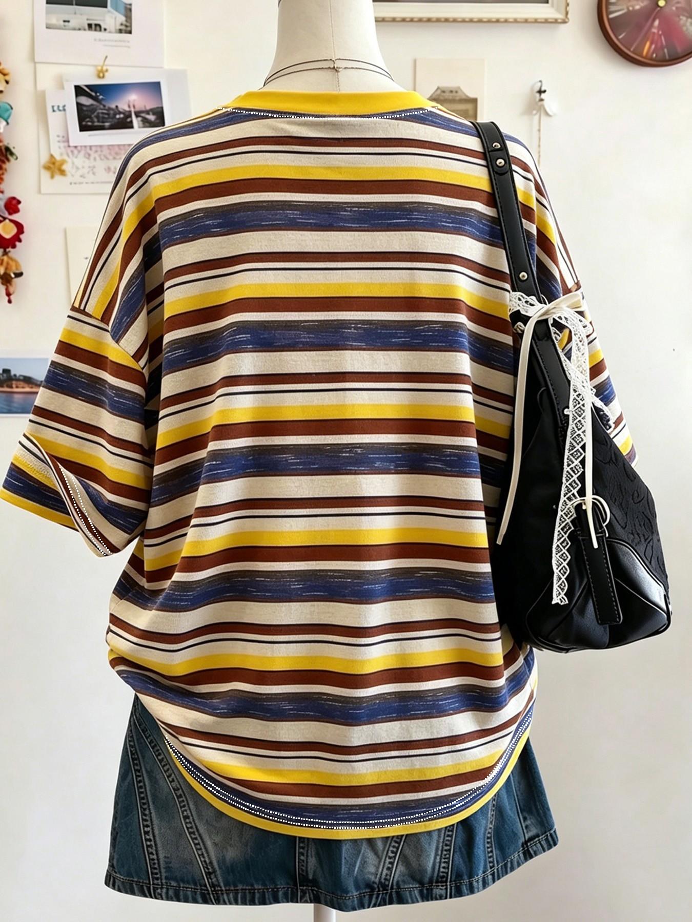 Women's Striped Loose Fit T-Shirt, Short Sleeve Round Neck Digital Print Top, Casual Comfortable Daily Wear, Summer Fashion Basic Tee, Casual Summer Tees