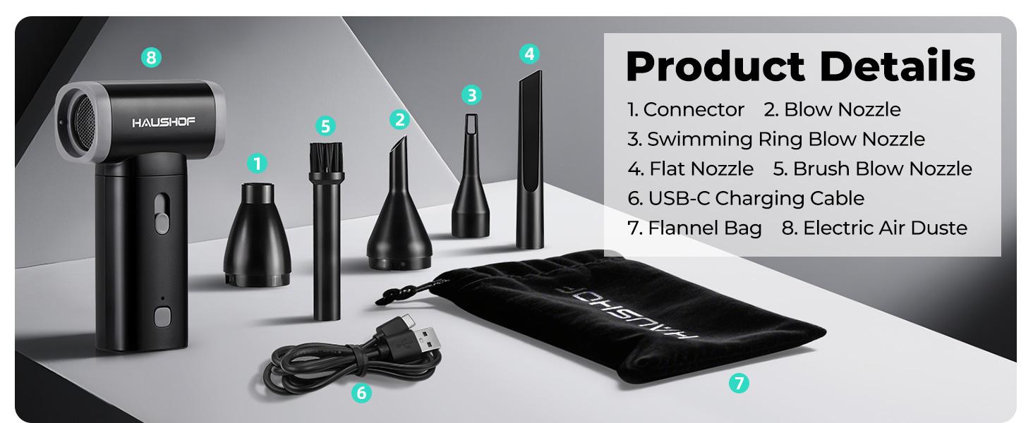 #SpringGlowUp HAUSHOF 8V Mini Electric Air Duster-110,000RPM High Power Compressed Air blower, Rechargeable Brushless Motor Durable Cleaner, Variable Speed Dust Blower for Computer, PC Keyboard, Electronics, Car...