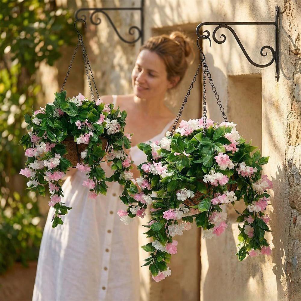 1pcs Artificial Hanging Flower Basket, Outdoor Balcony Garden Sunproof Durable No Maintenance Fake Plant Decorative Planter with Coir Pot