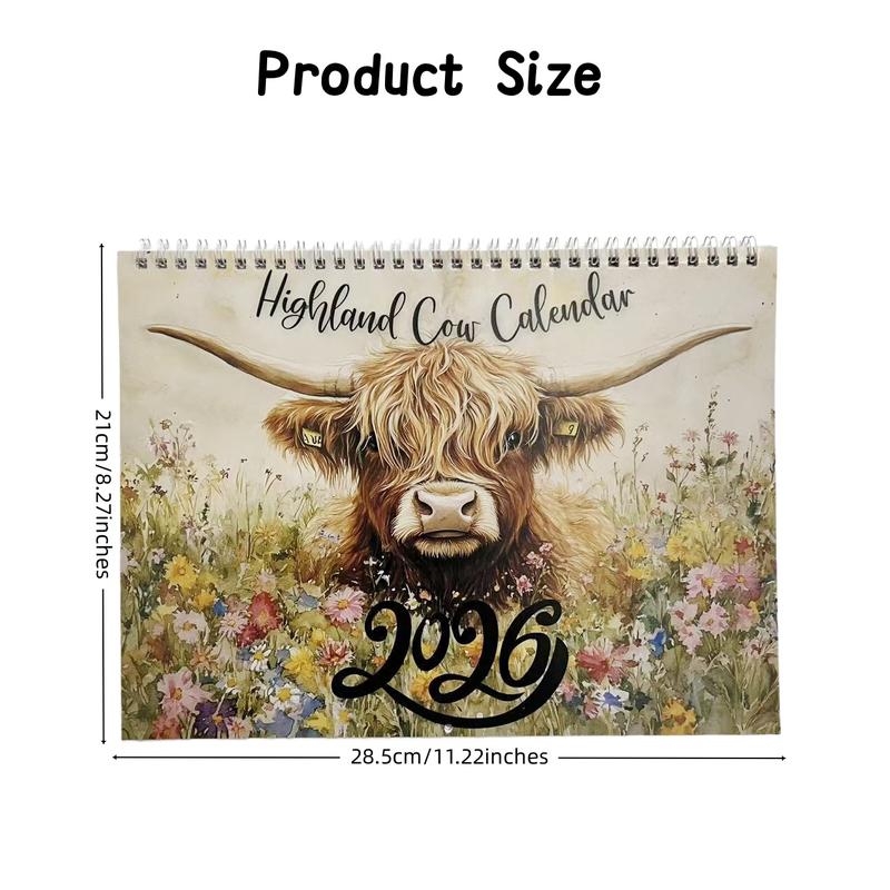 Scottish Highland Cow 2026 Wall Calendar, Doodle Typography Calendar, 12-Month Planner with Monthly Pages, Perfect Gift for Animal Lovers & Home Decor Enthusiasts