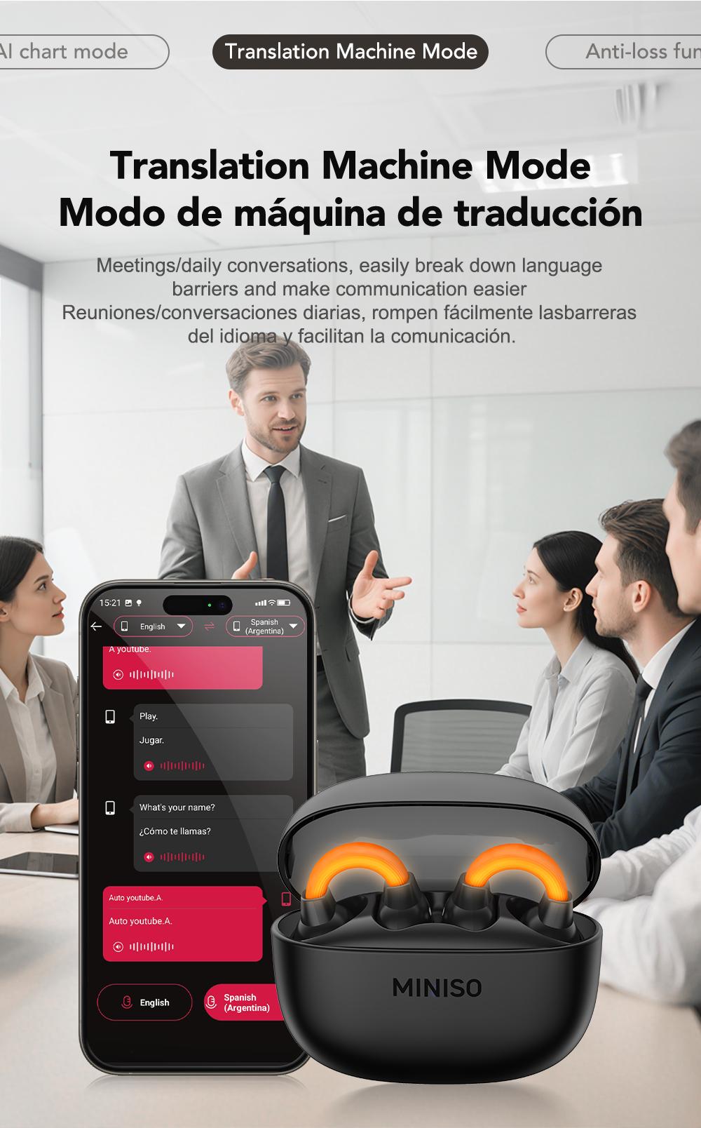 MINISO MS191 Wireless Bluetooth AI Language Translation Earbuds, OWS Translation Headset Headset, Support 134 Languages and Accents, AI Translation Bluetooth Smart Headset