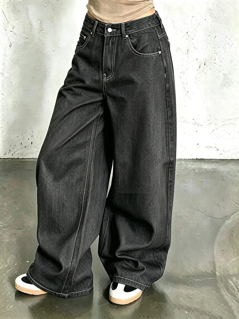 High Waist Dark Wide Leg for Women, American Street Style, Loose Fit, Long Streetwear Denim Pants with Multiple Pockets, All Seasons