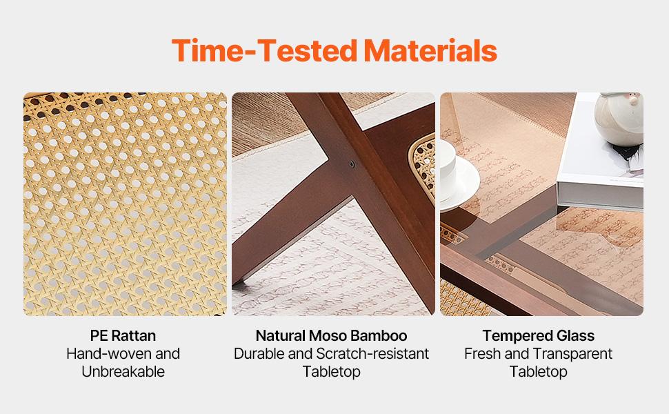 VEVOR Rattan Coffee Table, Z-Shaped Rattan Woven Bamboo Coffee Table with Tempered Glass Top, 47 Modern Boho Storage Coffee Table with Natural Bamboo Legs, for Living Room, Bedroom Small Spaces