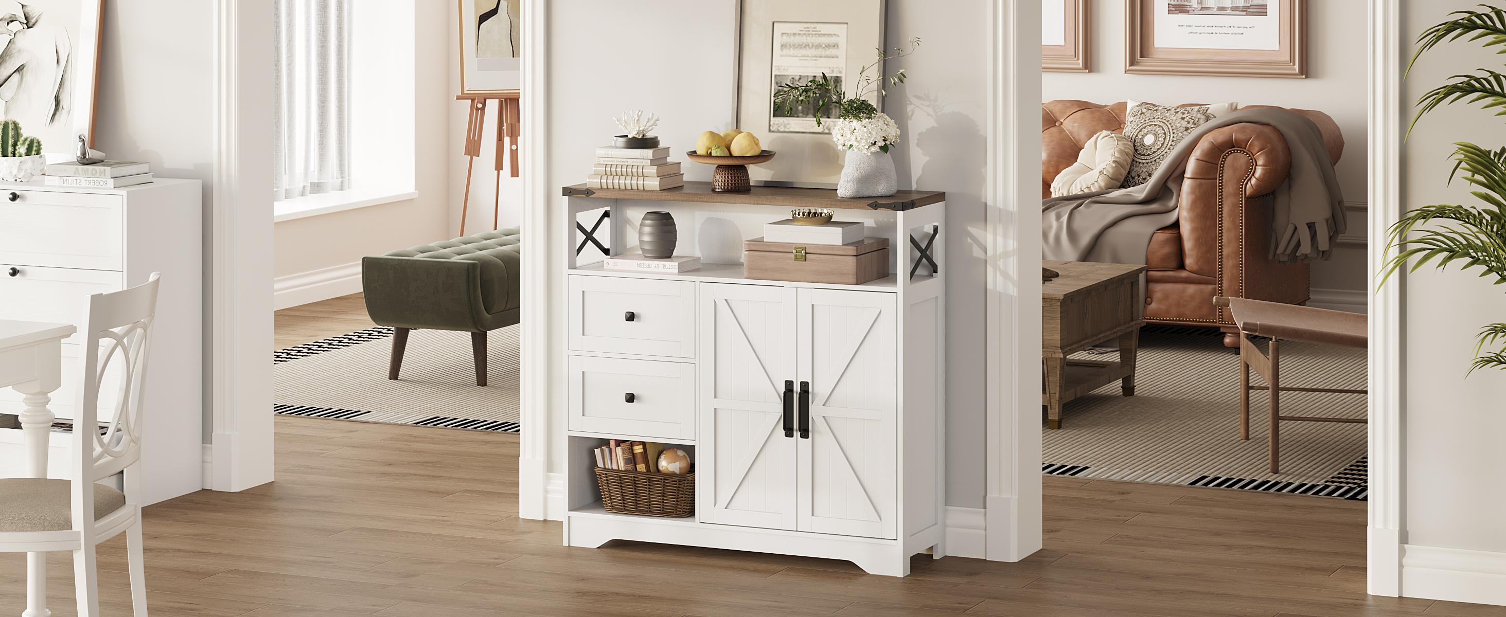 Vabches Farmhouse Storage Cabinet with Drawers and Open Storage,Freestanding Kitchen Pantry Storage Cabinet with 2 Barn Doors, Floor Storage Cabinet for Kitchen, Living Room